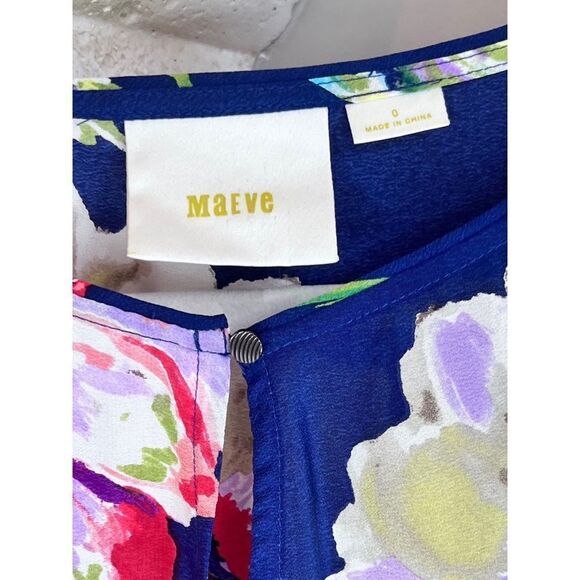 Anthropologie Maeve 100% Silk Navy Blue Floral Sheer Short Sleeve Blouse Sz 0 - Picture 4 of 8